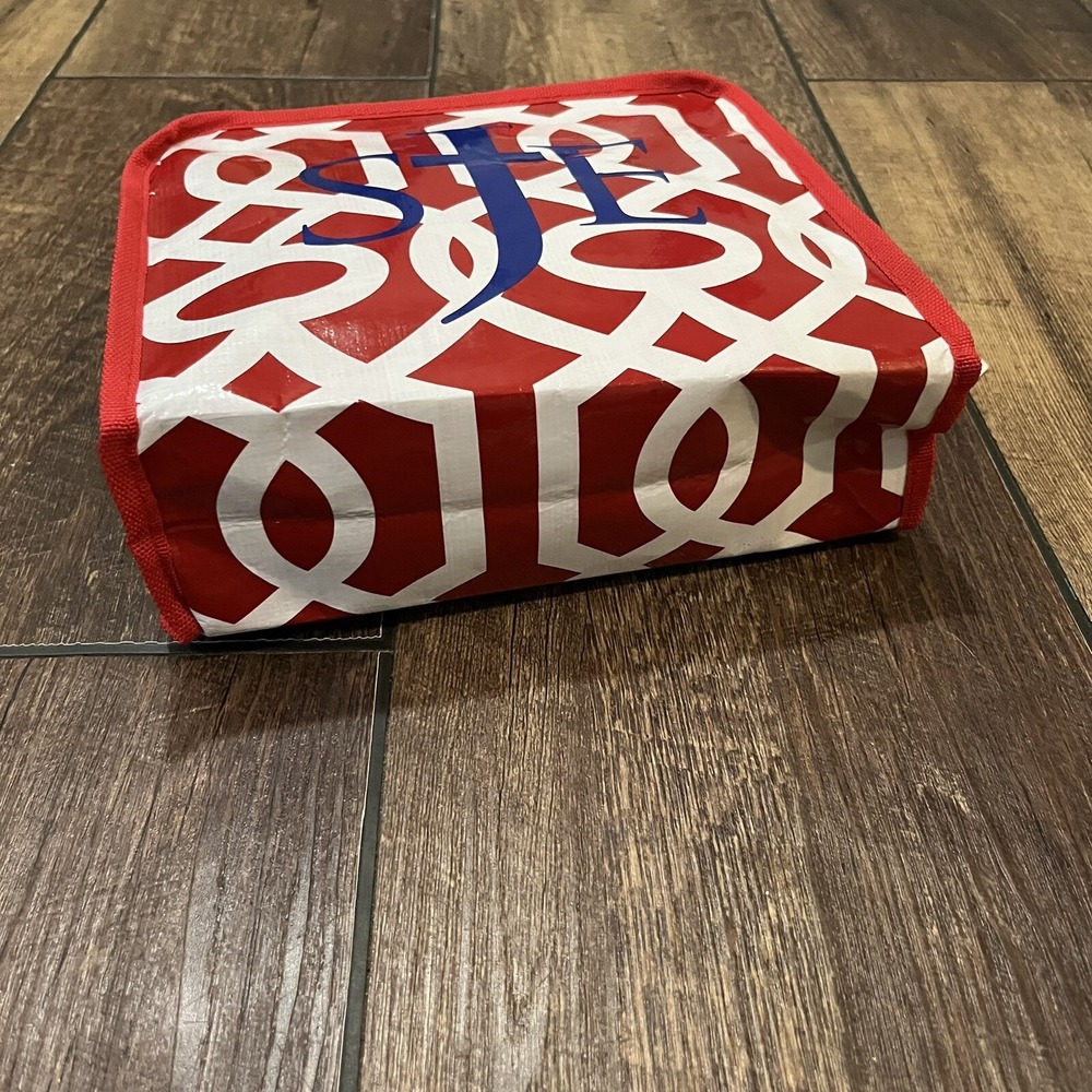 SJE Monogram Christian Cross Red Geo Lattice Cosmetic Toilette Travel Bag NWT - Picture 3 of 8